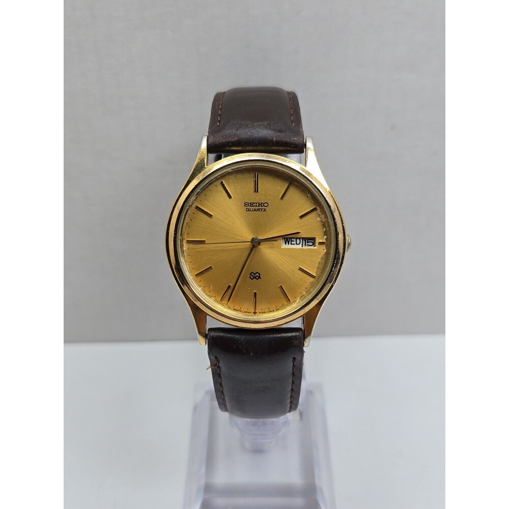 Vintage Seiko SQ 5Y23-7079 Mens 34mm Gold Tone Day Date Quartz Watch New Battery